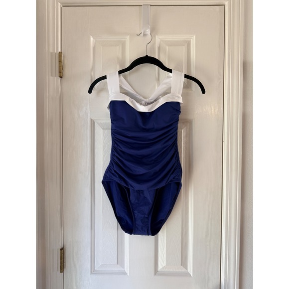 Lauren Ralph Lauren Bel Air One Piece Swimsuit Sapphire Blue White Halter Size 4 - Picture 2 of 6